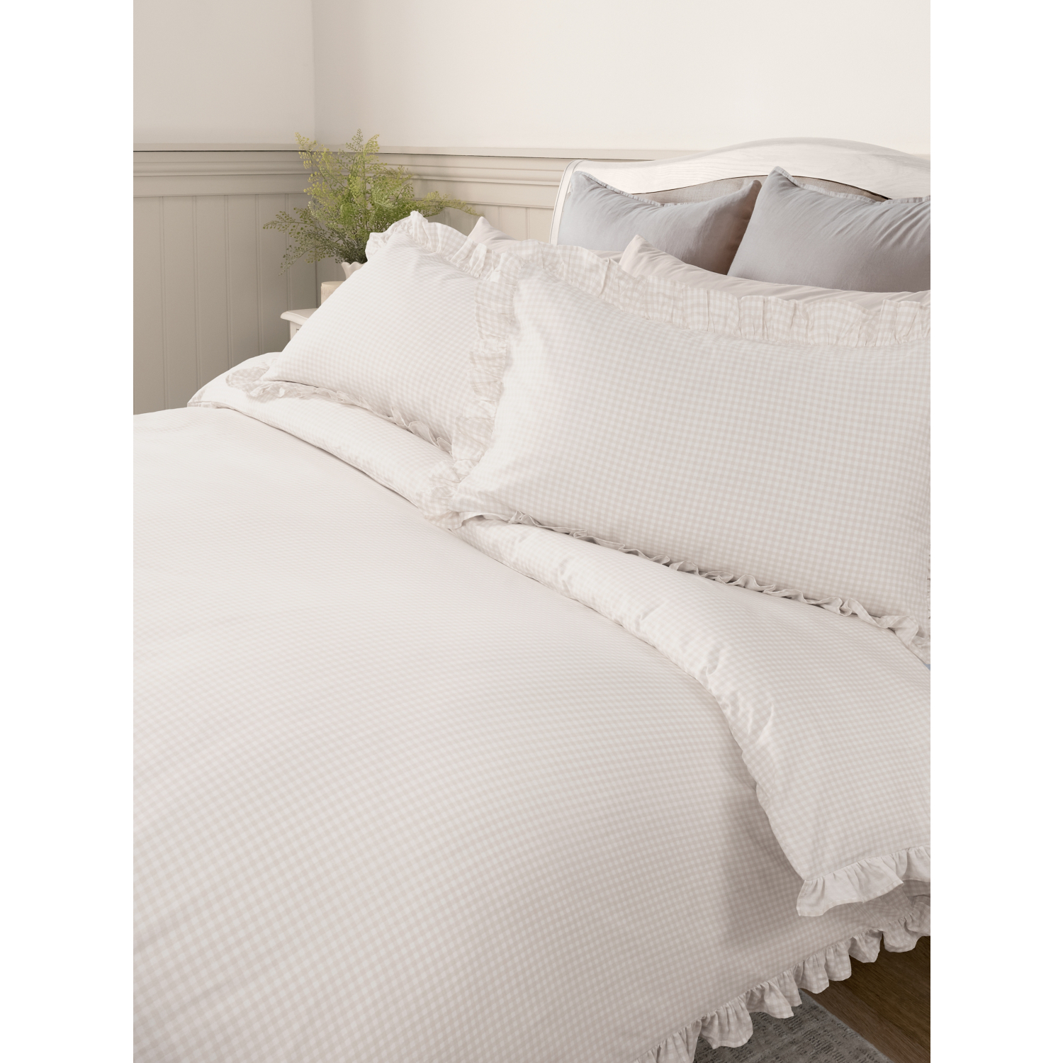 George Natural & White Stacey Solomon Gingham Frill Cotton Duvet Set