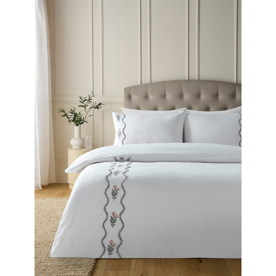 George Grey & Pink Embroidered Floral Wave Cotton Duvet Set