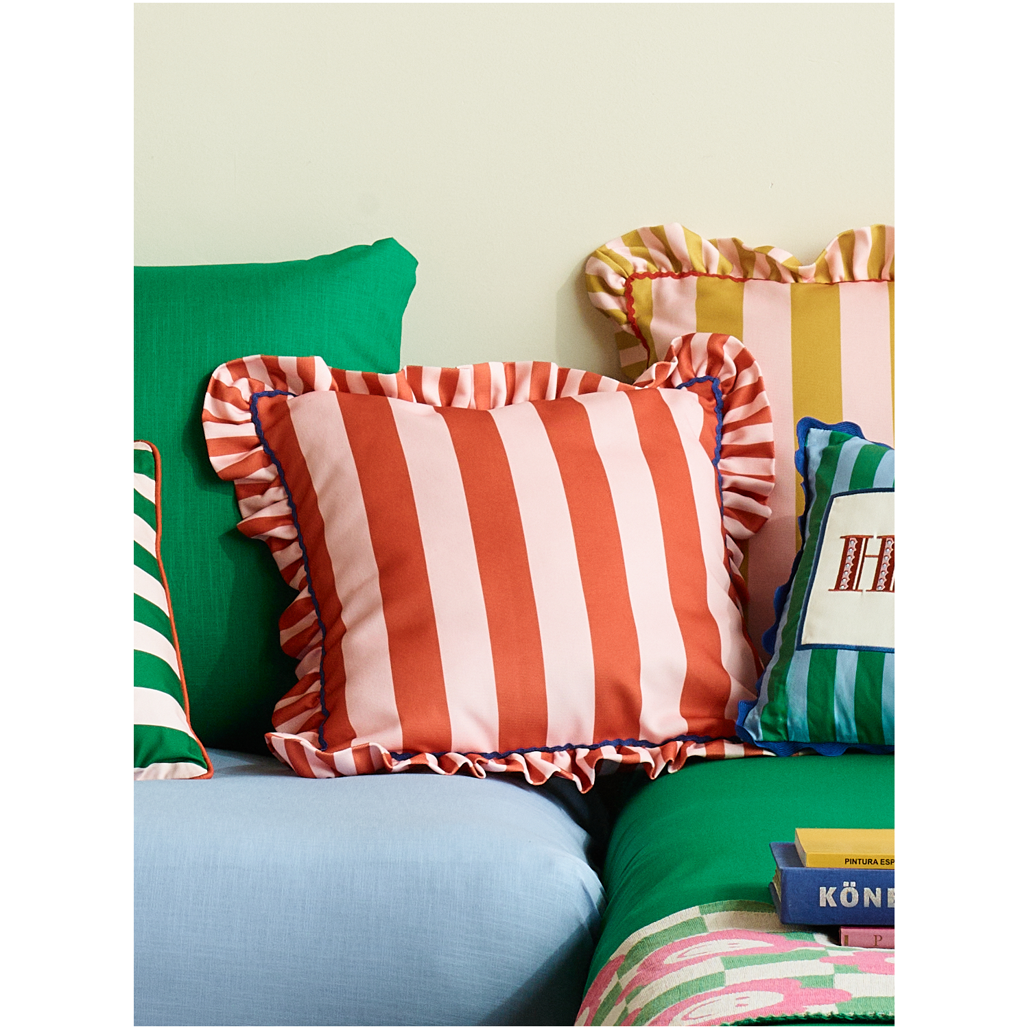 George Red & Pink Stripe Frill Trim Cushion