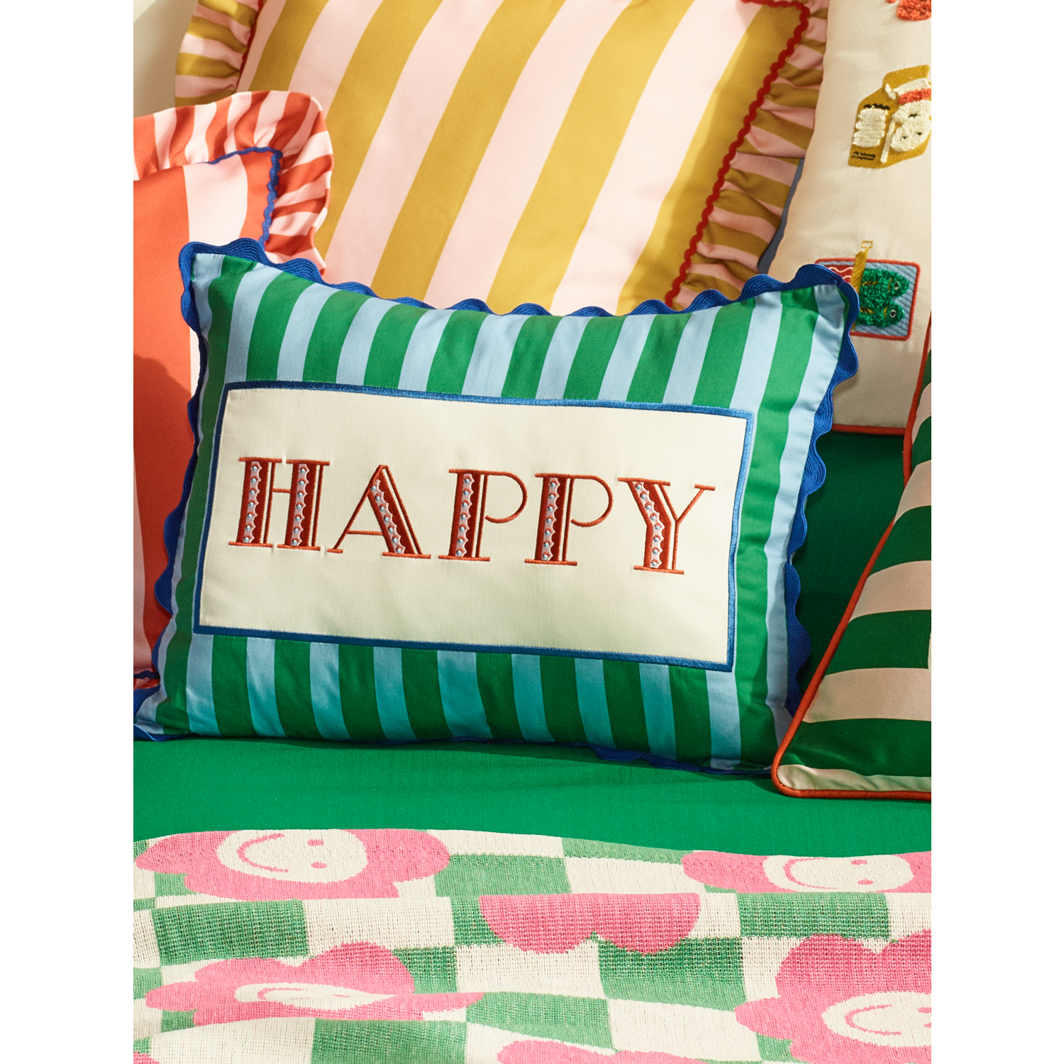George Green Stripe Embroidered 'Happy' Slogan Cushion