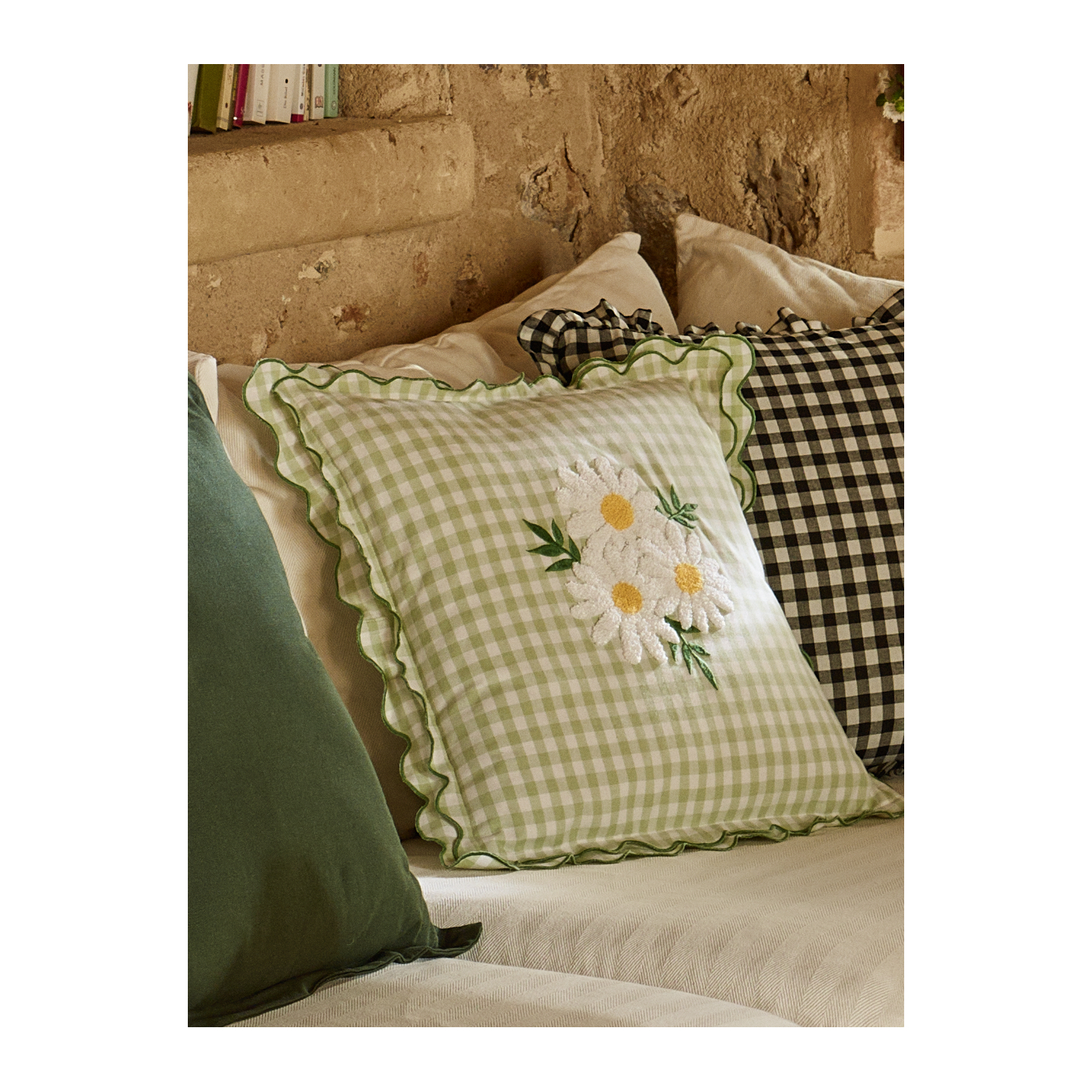George Green Daisy Embroidered Gingham Cushion