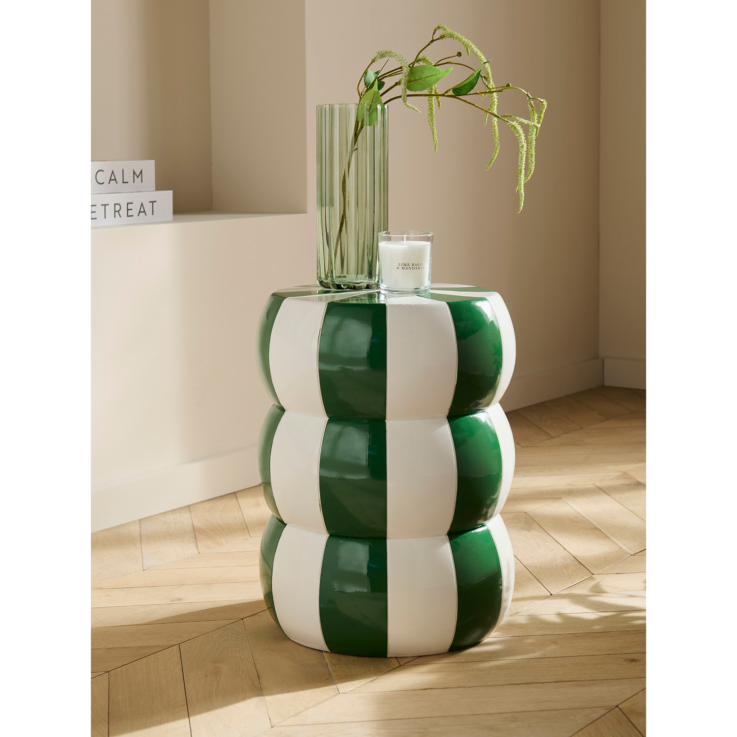 George Green & White Stripe Resin Side Table