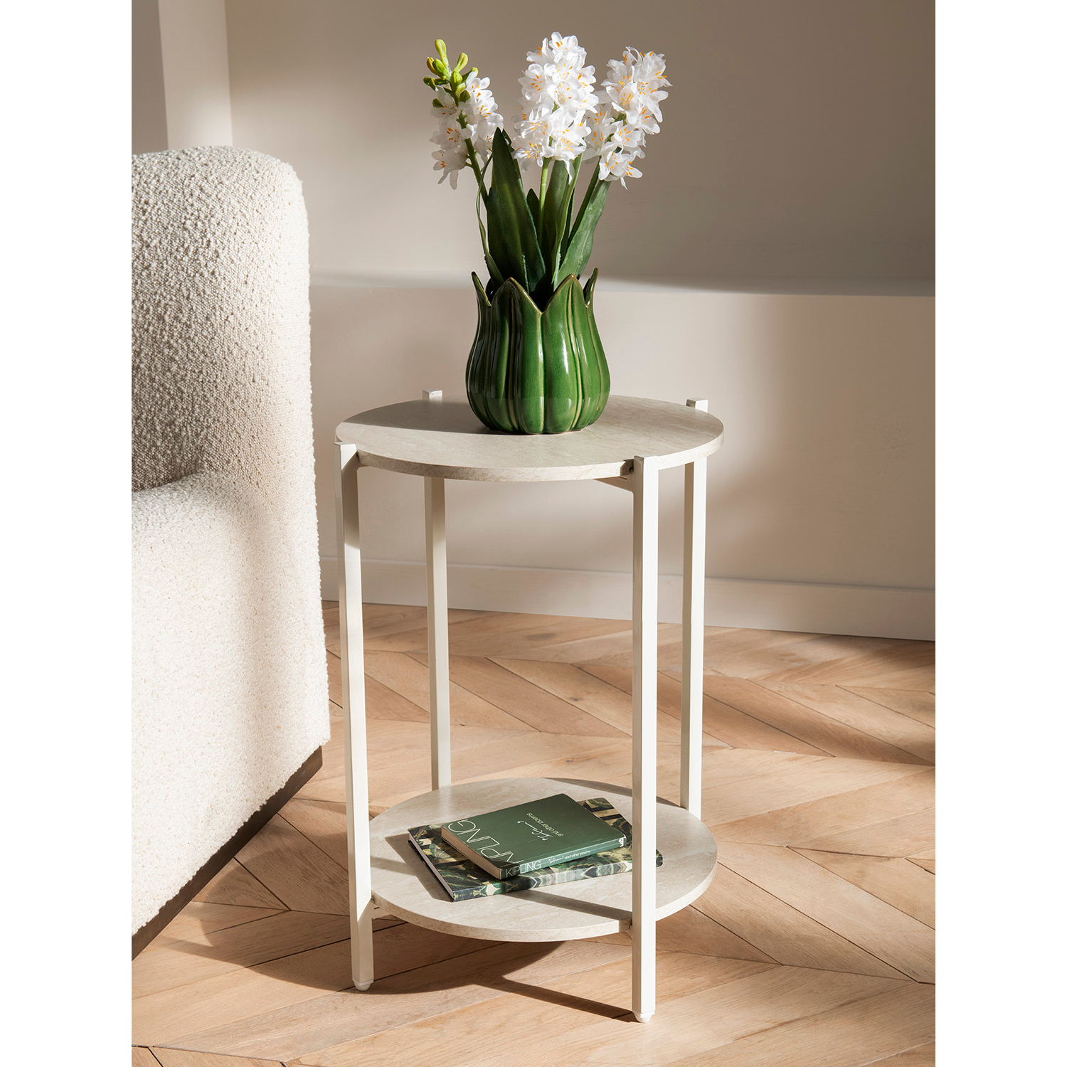 George White Round Side Table With Metal Legs