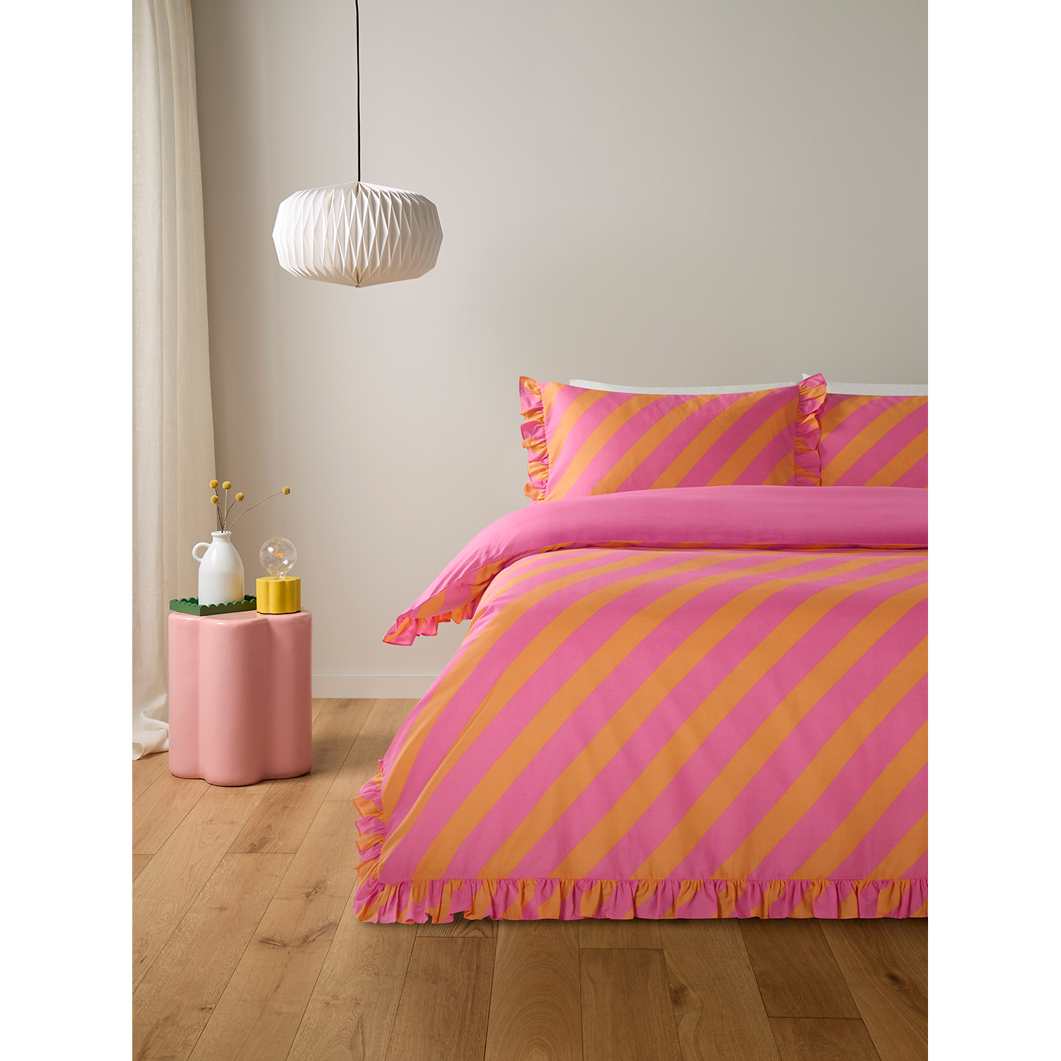 George Pink & Orange Diagonal Stripe Frill Reversible Duvet Set