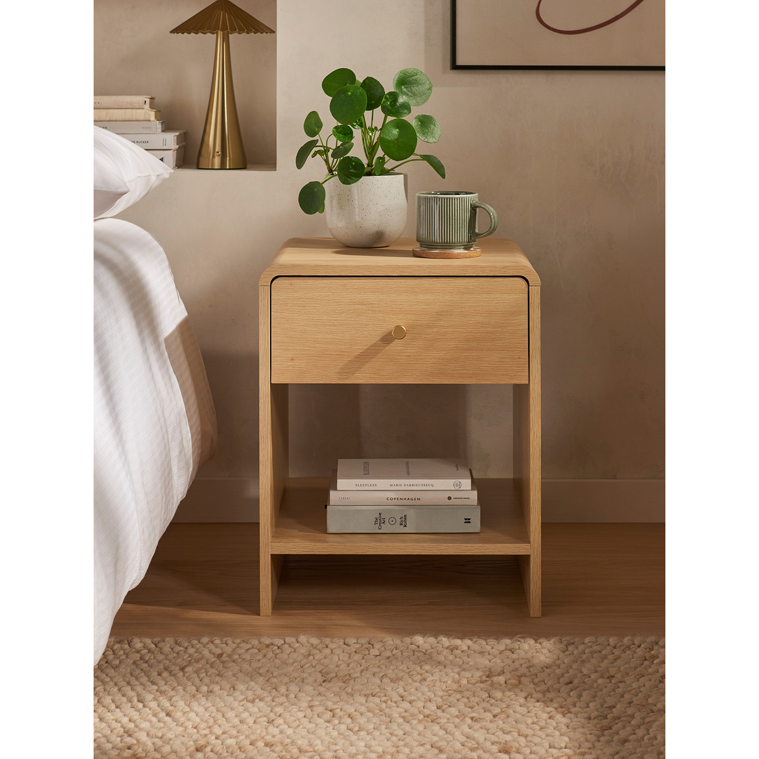 George Light Wood Curved Bedside Table