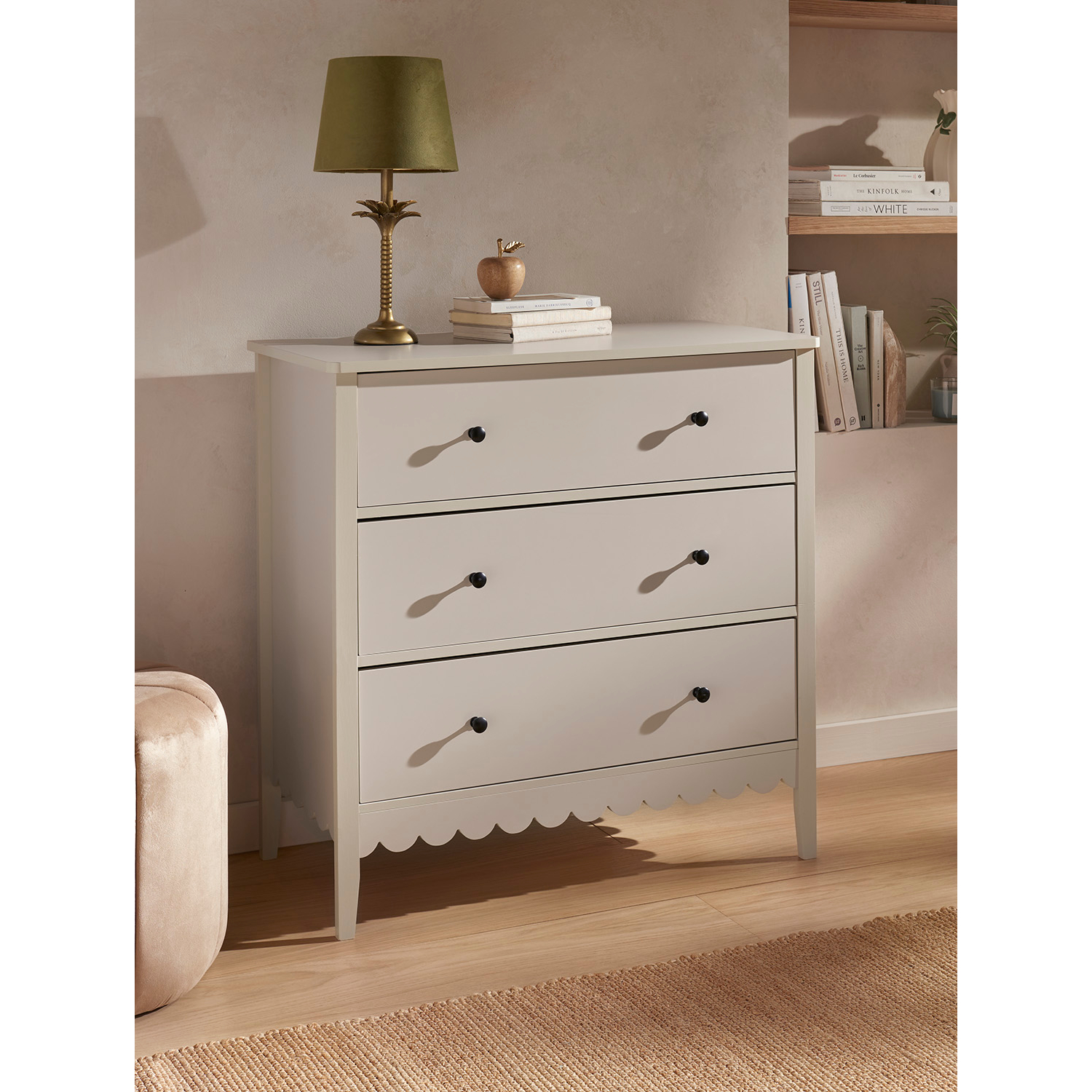 George White Wooden Scalloped 3 Chest Of Drawers