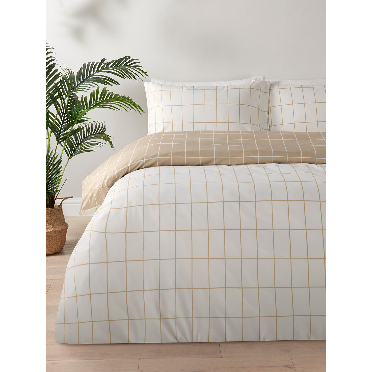 George Natural Microfibre Checked Reversible Duvet Set