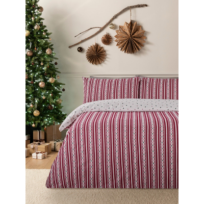 George Christmas Tree Stripe Brushed Cotton Reversible Duvet Set - Burgundy
