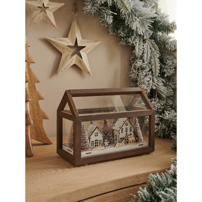 Natural Brown Light Up Christmas Village in Wooden Box
