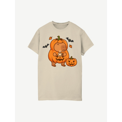 George NW2 Capybara Halloween Women's Sand Printed Boyfriend Fit T-Shirt - Beige