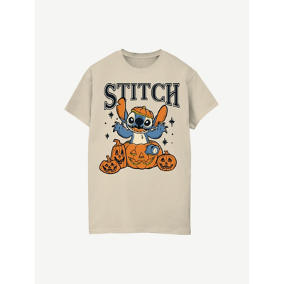 George NW2 Lilo & Stitch Pumpkins Halloween Women's Sand Printed Boyfriend Fit T-Shirt - Beige