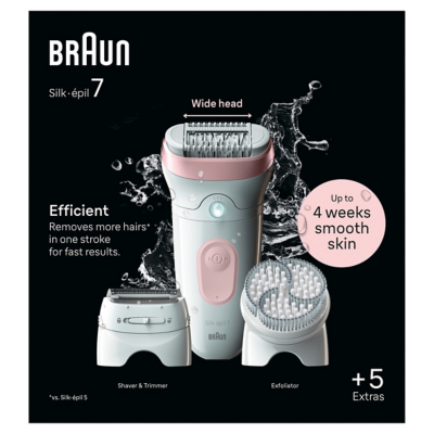 Braun Silk-?pil 7, Epilator With Wide Head For Easy Hair Removal, Wet & Dry, Lasting Smooth Skin, With Lady Shaver, Trimmer Comb & Exfoliation Brush Heads, 7-060, White