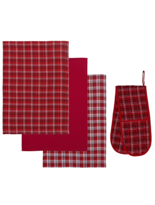 Red Tartan Oven Glove & Tea Towel Set at ASDA