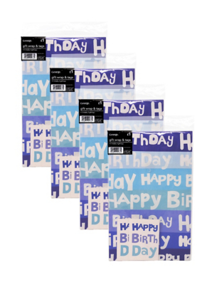 Happy Birthday Blue Flat Gift Wrap & Gift Tags Set of 4 at ASDA