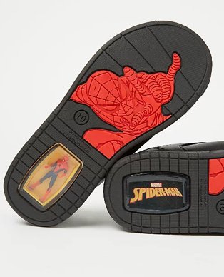 Marvel Spider-Man black embossed shoes with a Spider-Man toy in the heel