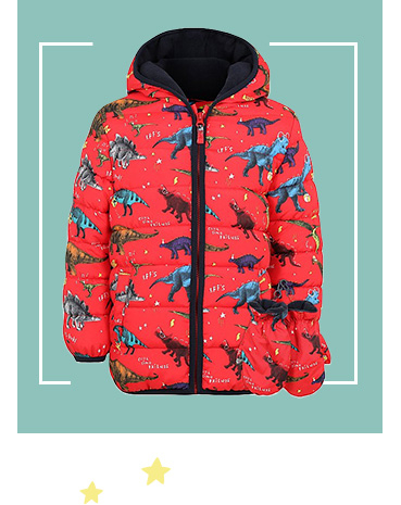 Filled with padding and made from shower-resistant material, this coat is designed with dinosaurs and comes with matching mittens