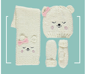 This knitted hat, scarf and gloves set has a snuggly lining to help keep out the cold and features an adorable cuddly bear design