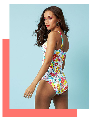 Blossom on the beach in a floral swimsuit 