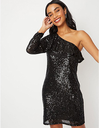Woman wearing a black sequin one shoulder frill dress