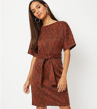 Woman wearing a tan brown animal print jacquard belted dress