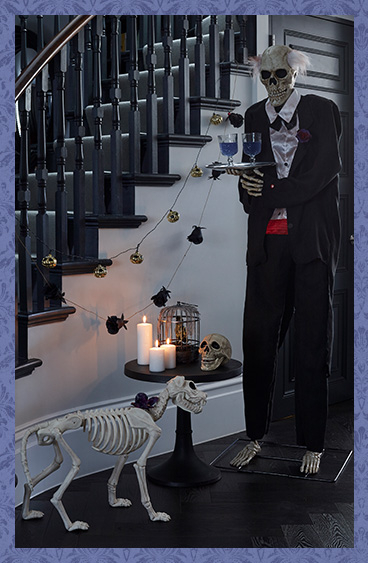 Skeleton butler serving drinks with pet dog skeleton 