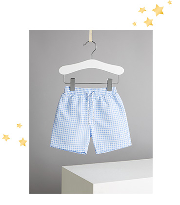 These blue gingham swim shorts are perfect for little learners