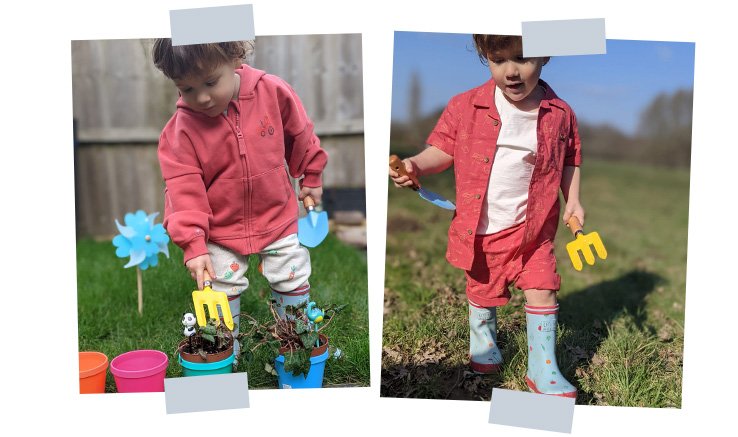 Boy stands in garden looking down at colourful plant pots holding yellow rake wearing red zip-up hoodie, cream printed trousers and blue printed wellington boots. Boy stands in field holding yellow rake wearing red shirt over cream t-shirt and red shorts and blue printed wellington boots.