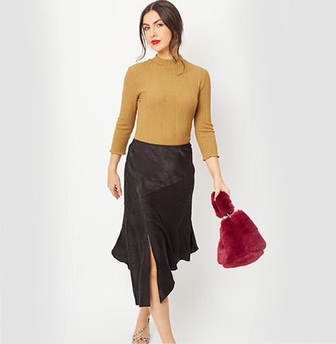 Gif of woman wearing 3 different outfits: tan coloured top and a black satin midi skirt, pink blouse and a black velour iridescent sequin feather skirt and a patterned blouse with a leopard print mini skirt