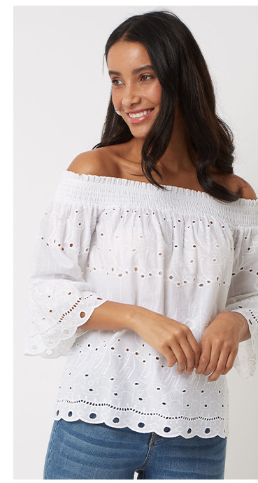 Freshen up your wardrobe with a white flute sleeve Bardot top