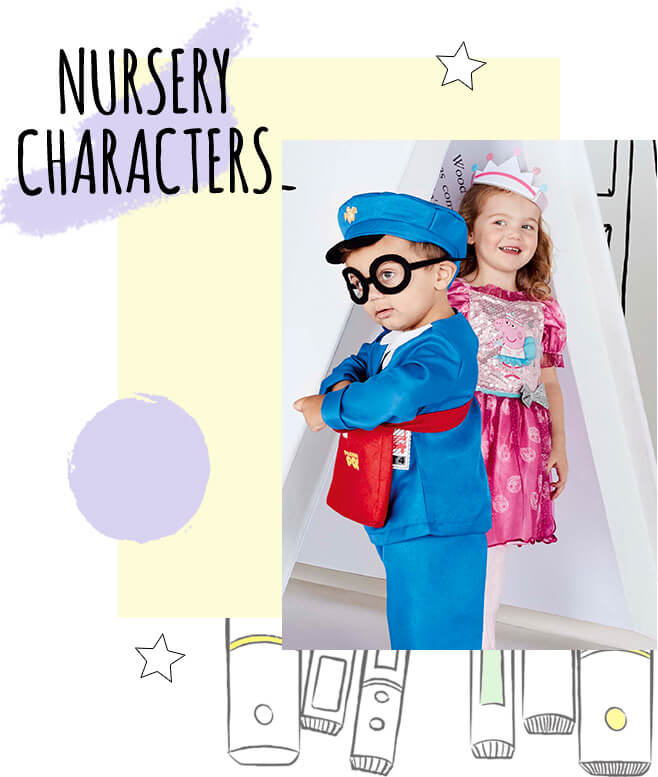 A boy wearing a Postman Pat costume and a girl wearing a Peppa pig fancy dress costume 