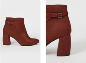 Side shot of tan ankle boot and a close up shot of side heel