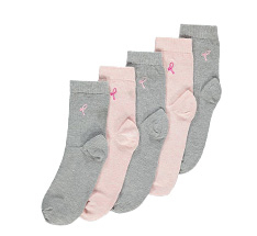 Product shot of five grey and pink socks