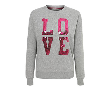 Product shot of grey jumper with a pink sequin 'Love' sign 