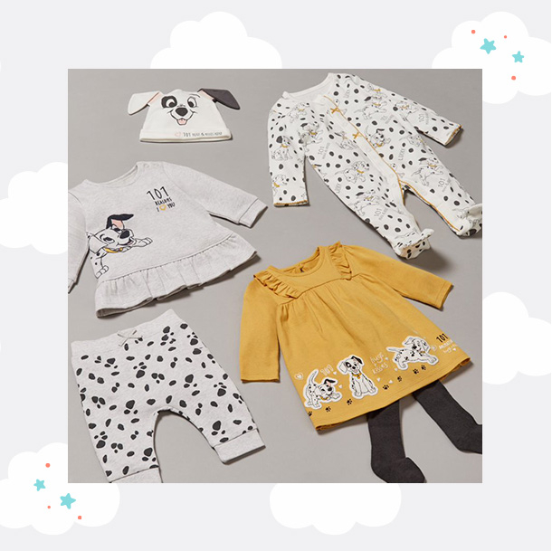 Matching Disney 101 Dalmatians clothing, including an all in one, bottoms, dress and more