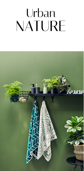 Shelf with bathroom accessories and plants and patterned towels hanging on hooks 