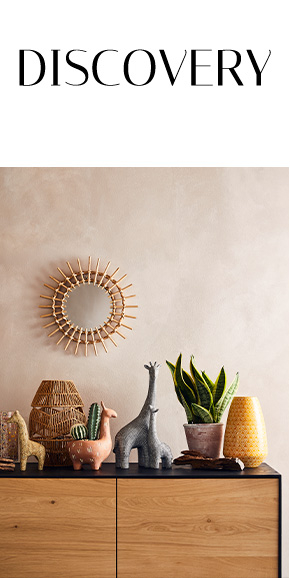 Wooden table with animal ornaments, pots, plants and a gold mirror on the wall 