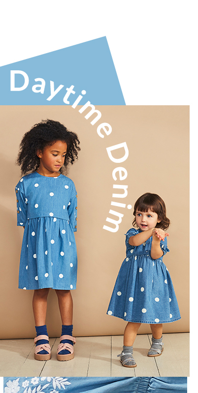 Two girls wearing blue polka dot dresses and sandals