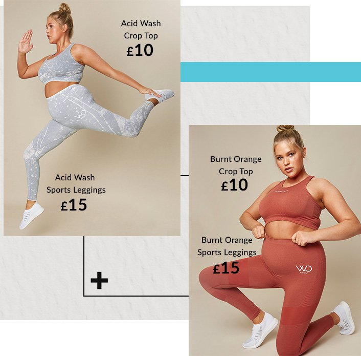 Side shot of woman jumping in air wearing WRKOUT acid wash crop top, sports leggings outfit and white trainers. Woman kneels on floor holding waistband wearing WRKOUT burnt orange crop top, sports leggings outfit and white trainers.