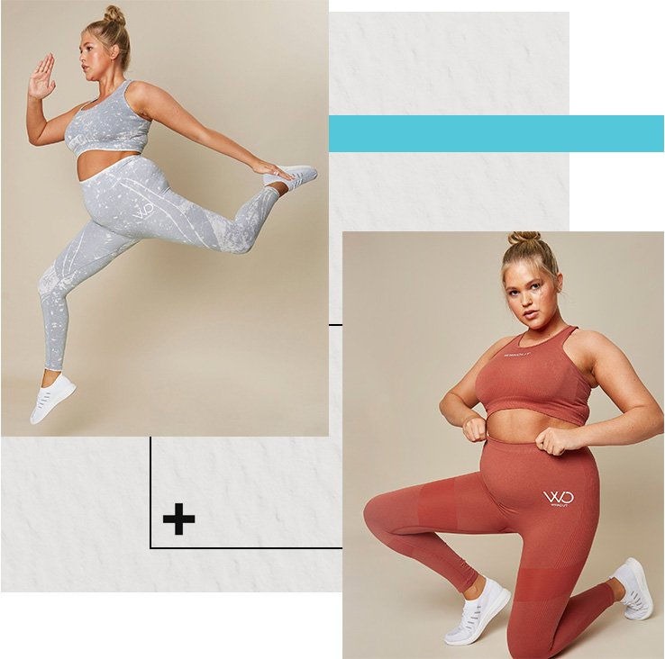 Side shot of woman jumping in air wearing WRKOUT acid wash crop top, sports leggings outfit and white trainers. Woman kneels on floor holding waistband wearing WRKOUT burnt orange crop top, sports leggings outfit and white trainers.