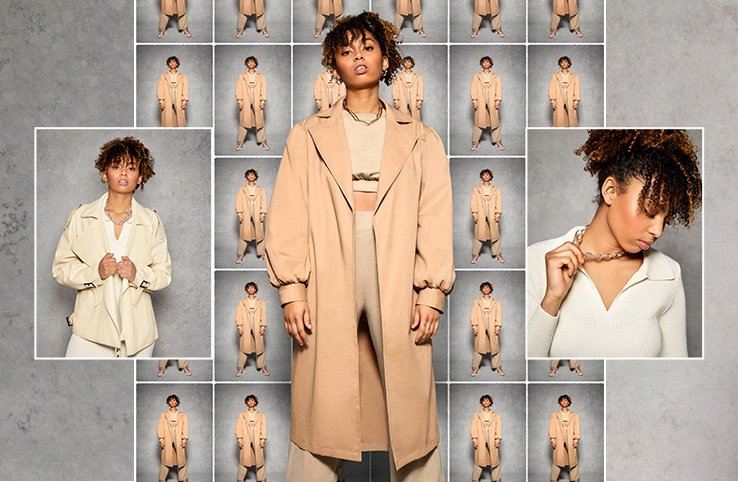 Phoenix Brown poses wearing cream collared rib knit dress and light beige cropped trench jacket, Phoenix Brown poses wearing beige co-ord knit crop top and wide leg trousers and tan balloon sleeve lightweight trench coat, close up of Phoenix Brown looking down wearing cream collared rib knit dress holding gold-effect necklace.