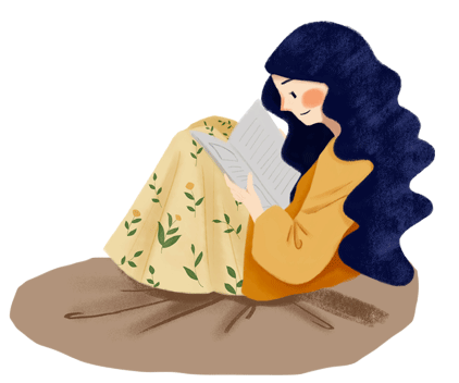 Illustration of woman reading a book on a blanket