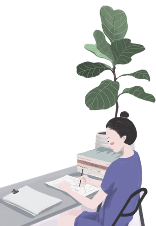Illustration of woman at a desk with a pen and paper