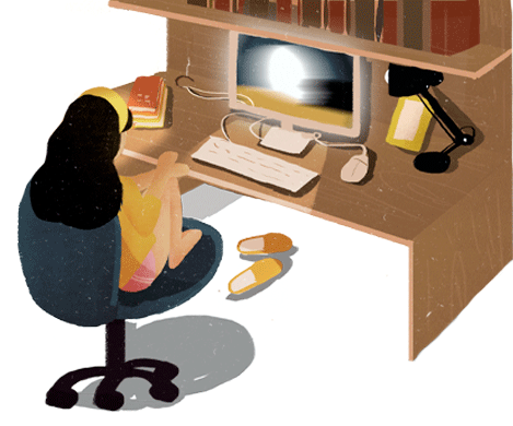 Illustration of a woman at a desk watching an image on screen