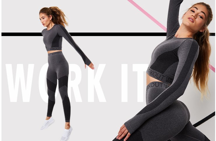 Two shots of a woman wearing grey and black long sleeve work out top with matching leggings and white trainers, one with her jumping in the air and one with her leaning into a stretch