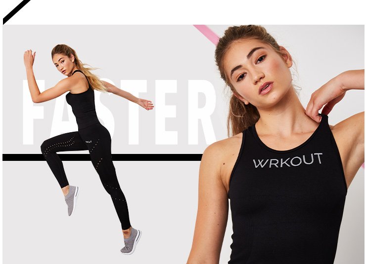 Two shots of a woman wearing a black WRKOUT tank top and leggings set with grey trainers, one shot with her running and one shot of her pulling on the tank top strap