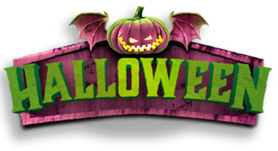 Green Halloween lettering with light-up pumpkin with wings sitting on top.