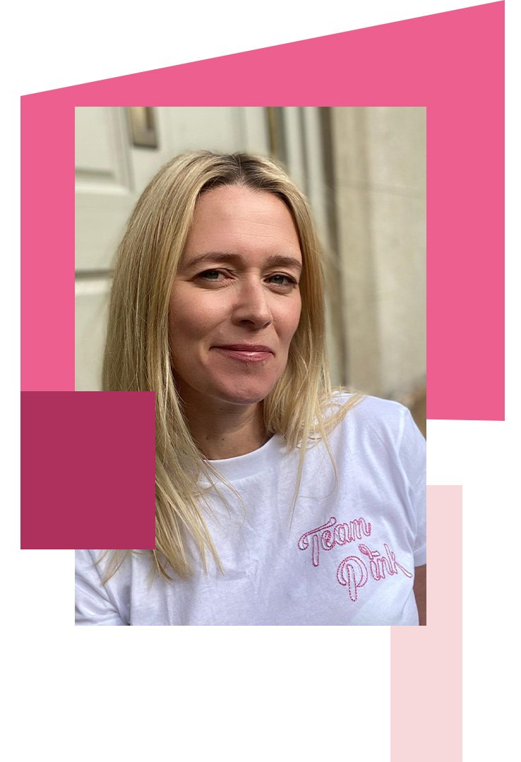 Edith Bowman in front of door wearing Tickled Pink Team Pink T-Shirt.