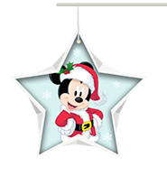 Mickey Mouse wearing Santa outfit inside a light blue star shape with snowflake background.