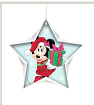 Minnie Mouse wearing Santa outfit and holding a present inside a light blue star shape with snowflake background.