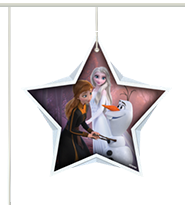 Frozen Anna, Elsa and Olaf inside white star shape.